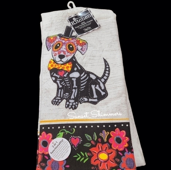 2pc Halloween Dachshund SUGAR SKULL Doxie DOG Day of Dead Kitchen Towel SET New - Picture 5 of 5